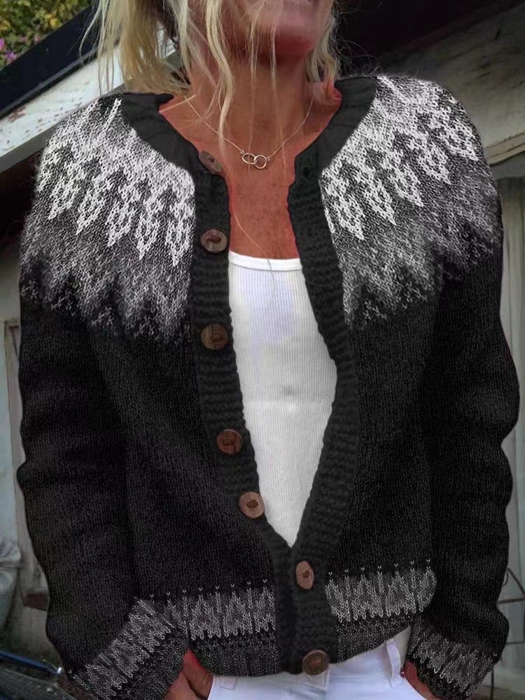Black chunky knit cardigan with patterned yoke