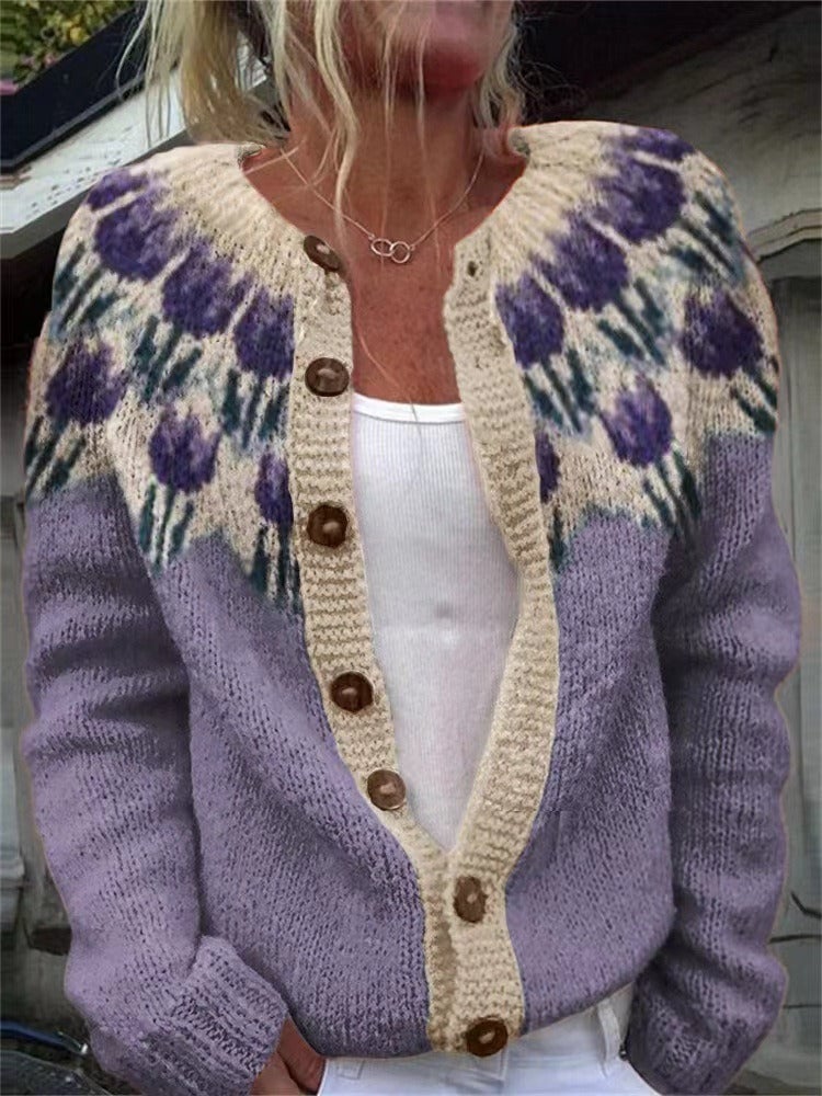 Lavender Fair Isle cardigan with tulip pattern yoke