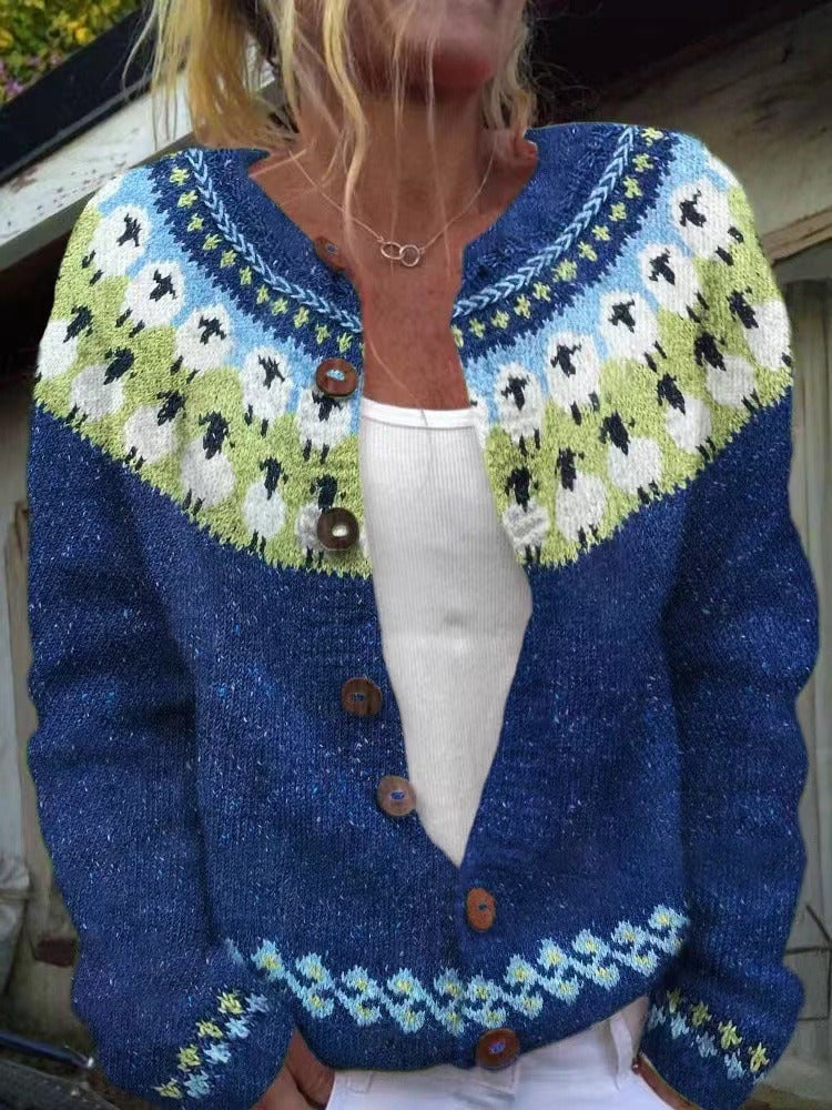 Blue sheep pattern knit cardigan for women