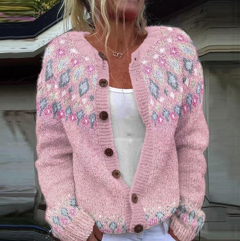 Pink floral knit cardigan with Fair Isle yoke