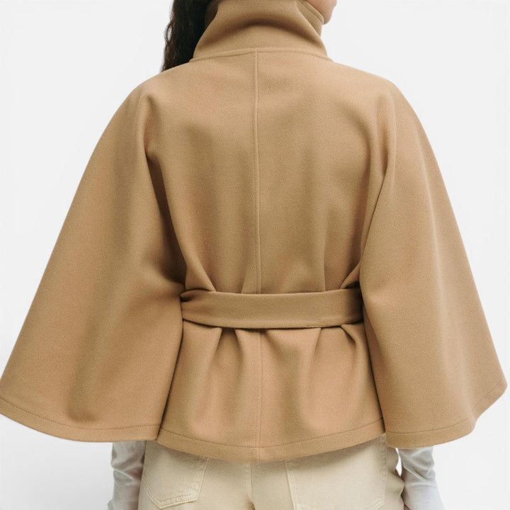 Elegant Wool Blend Poncho for Women with High Neck Cape Sleeve Belted Button Front Style