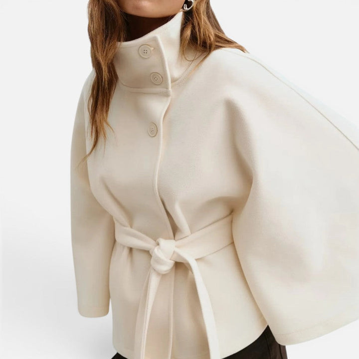 Elegant Wool Blend Poncho for Women with High Neck Cape Sleeve Belted Button Front Style