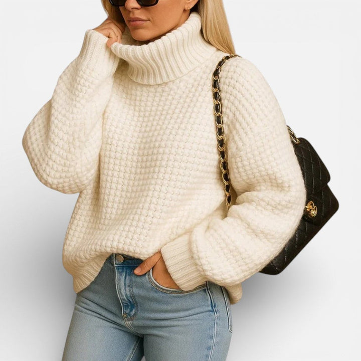 Comfortable Waffle Knit Sweater for Women with Turtleneck Balloon Sleeve Oversized Relaxed Style