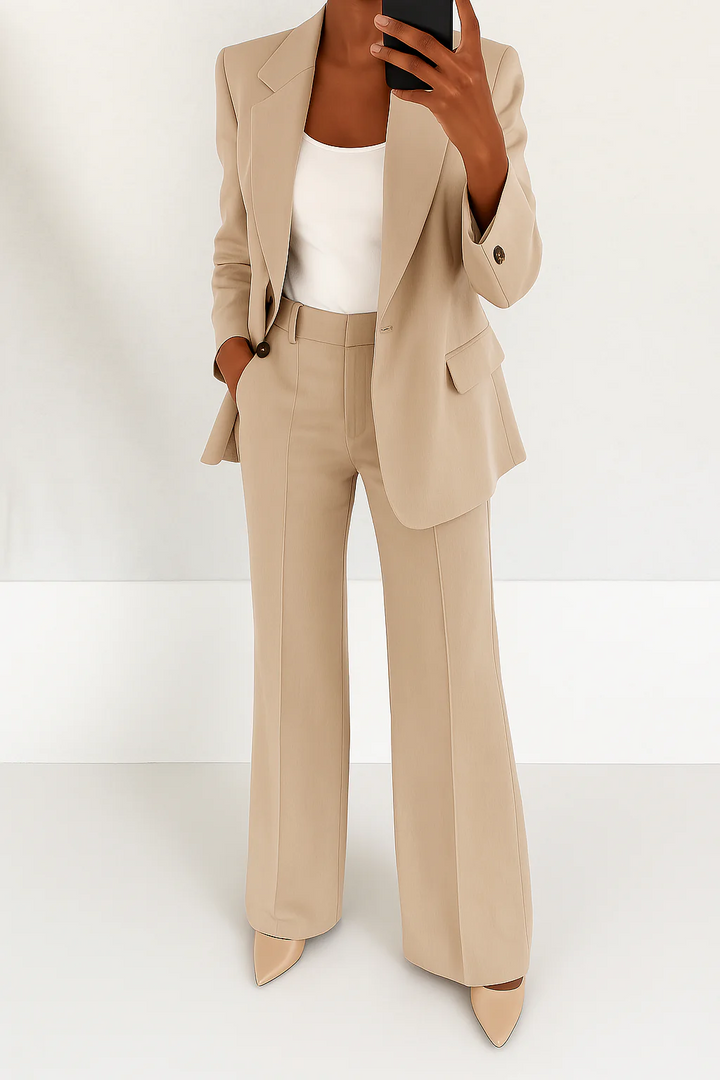 Elegant Two Piece Set for Women with Single Button Blazer Wide Leg Pants Tailored Formal Style