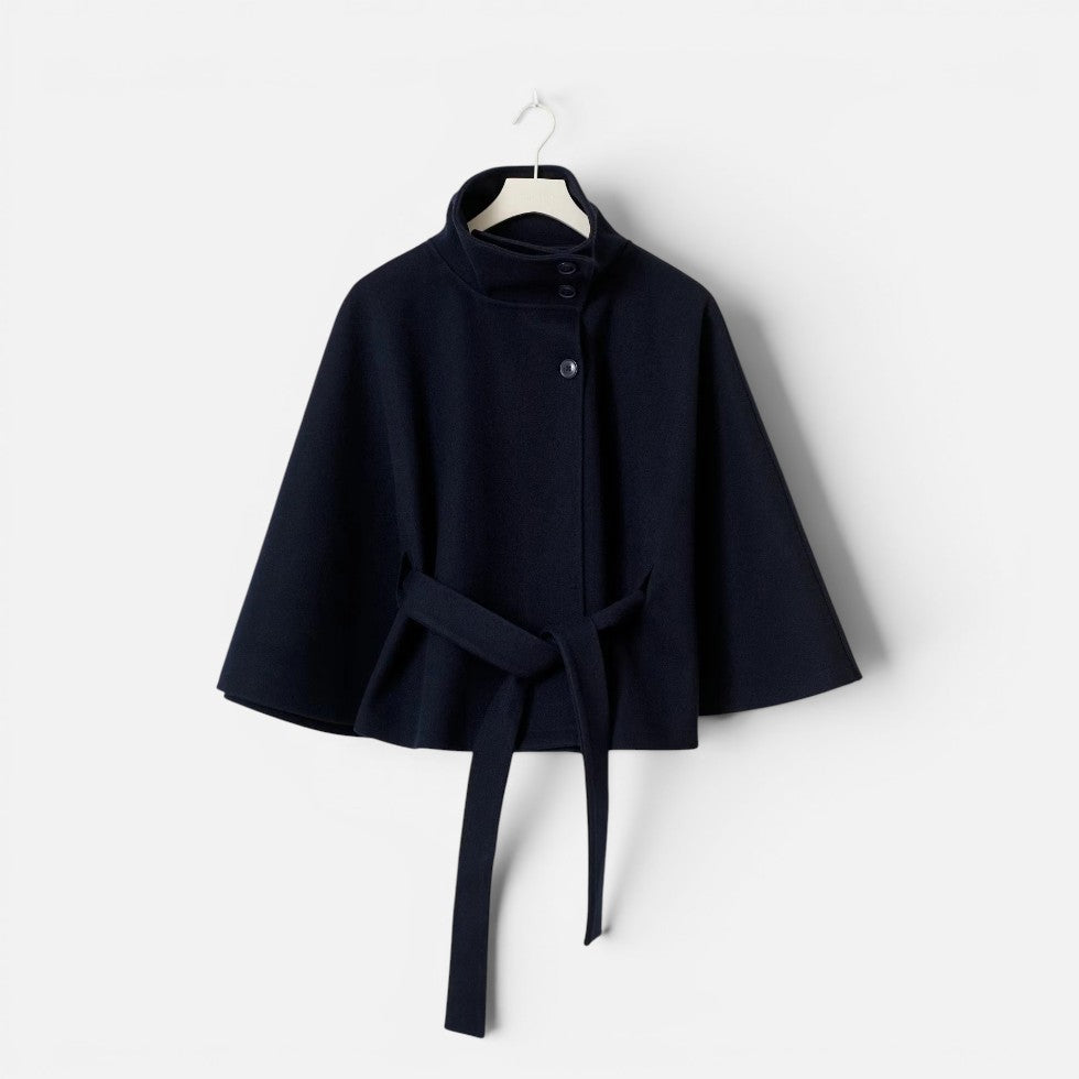 Elegant Wool Blend Poncho for Women with High Neck Cape Sleeve Belted Button Front Style