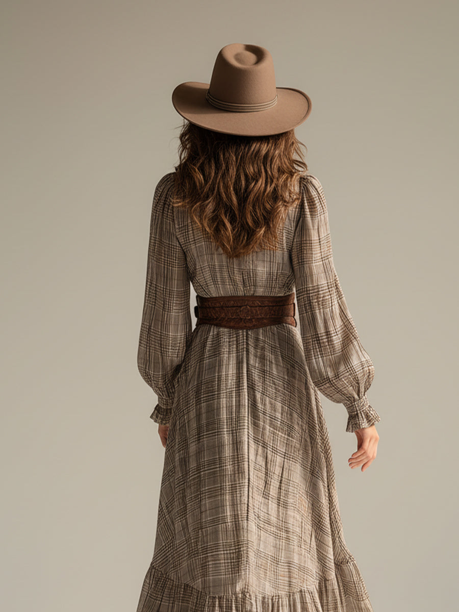 Damen Beiges Kariertes Boho-Chiffon-Midikleid mit Rüschen (ohne Gürtel)