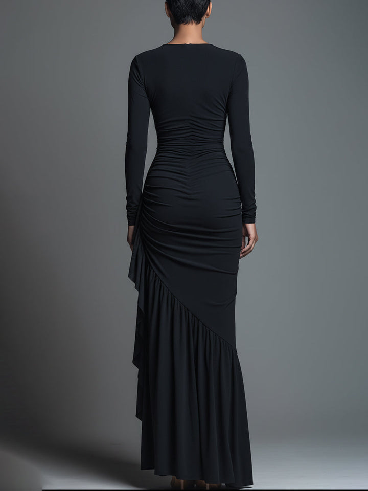 Damska czarna elegancka sukienka maxi z dzianiny jersey z marszczeniami