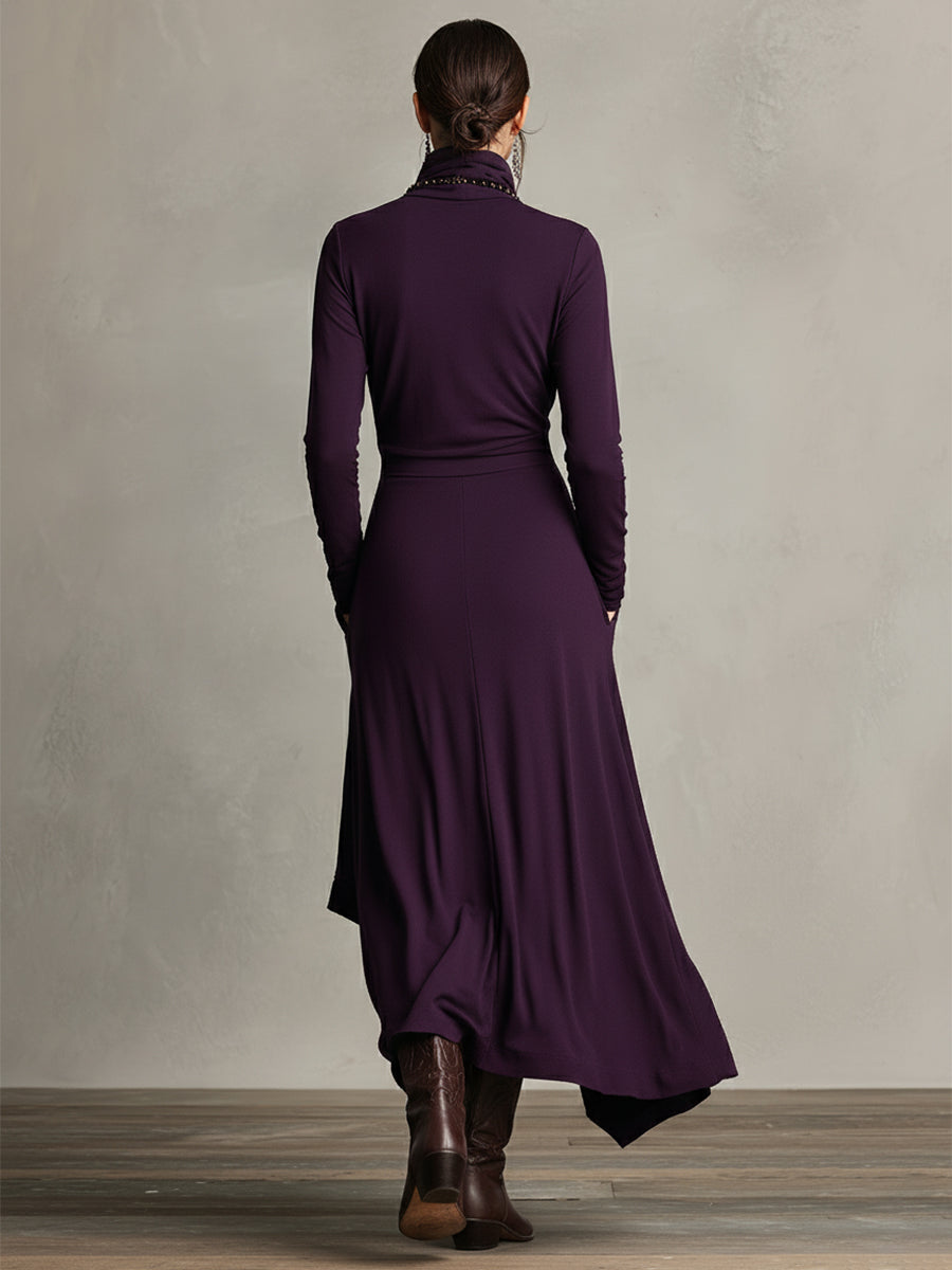 Women's Purple Bohemian Cotton Stretch Turtleneck Asymmetrical Draped Maxi Dress