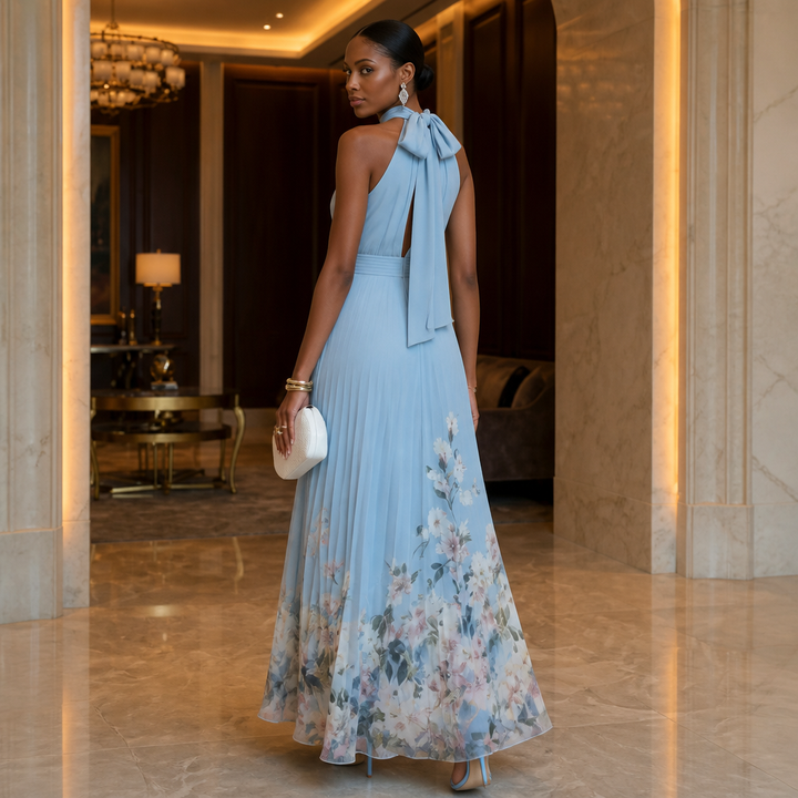 Elegant Blue Floral Maxi Dress for Women with Halter Neck Sleeveless Pleated Flowing Fall Wedding Guest Style