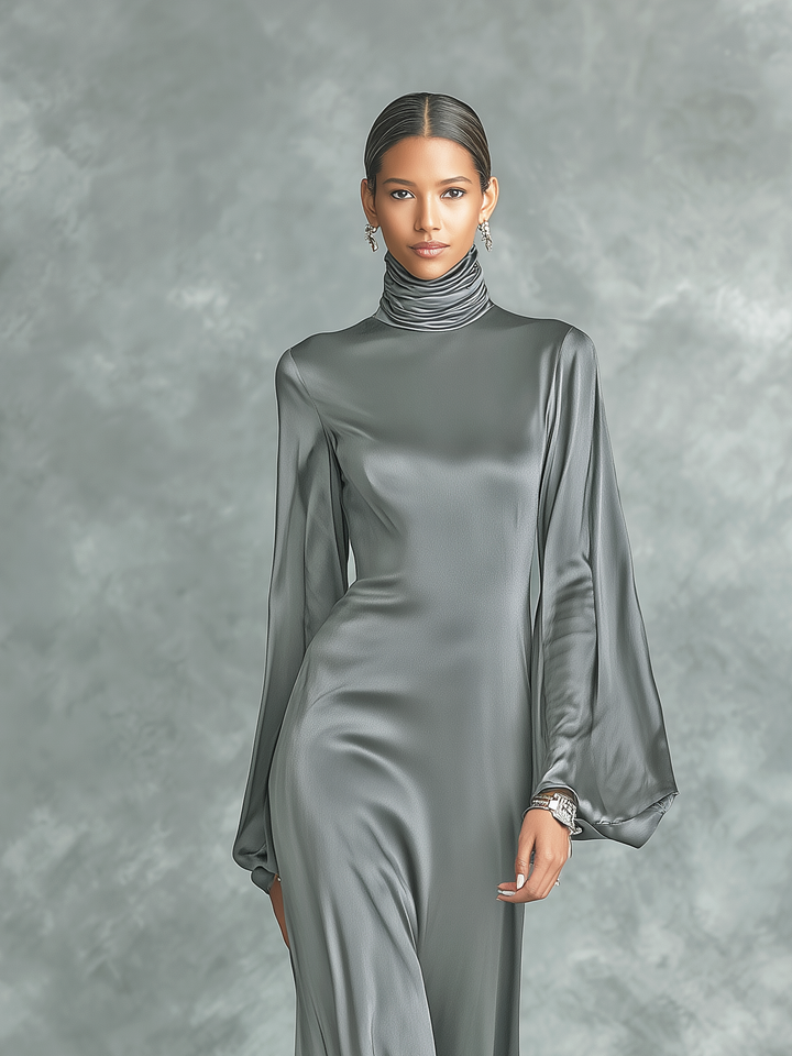 Women's Fashionable Grey Satin High-neck Long-sleeved Loose-fitting Maxi Dress