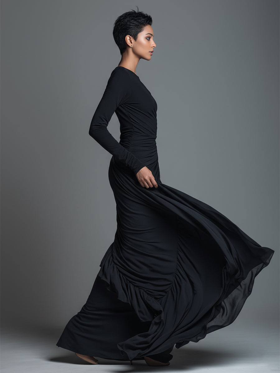 Damska czarna elegancka sukienka maxi z dzianiny jersey z marszczeniami