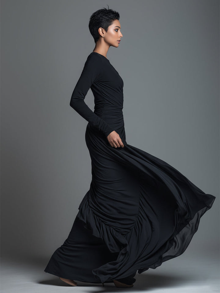 Damska czarna elegancka sukienka maxi z dzianiny jersey z marszczeniami