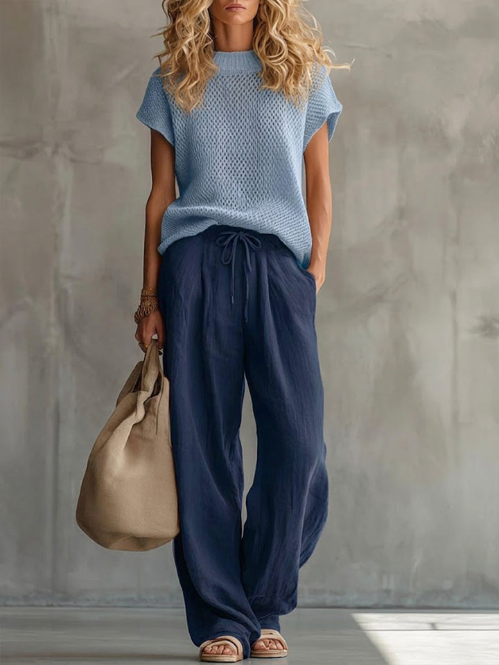 Knit Sweater and Linen Pants Set for Women – Two Piece Casual Outfit, Pullover Top and Cotton Linen Trousers