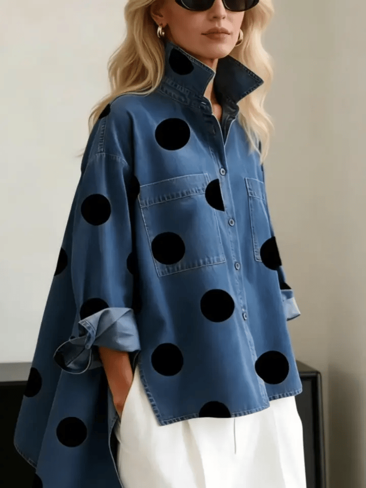 Polka Dot Denim Top for Women – Stand Collar Button Front Shirt, Artistic Print Blouse in 4 Colors
