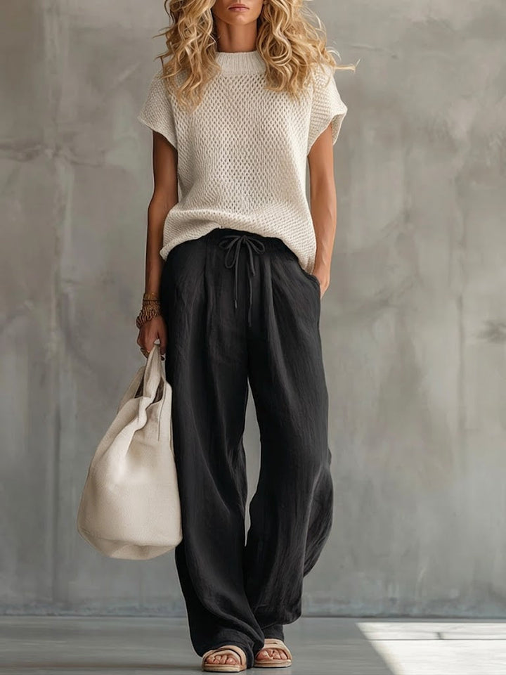 Knit Sweater and Linen Pants Set for Women – Two Piece Casual Outfit, Pullover Top and Cotton Linen Trousers