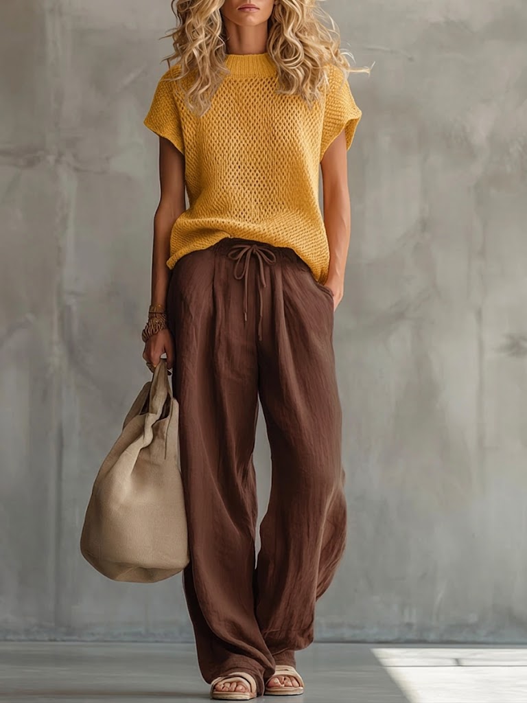Knit Sweater and Linen Pants Set for Women – Two Piece Casual Outfit, Pullover Top and Cotton Linen Trousers