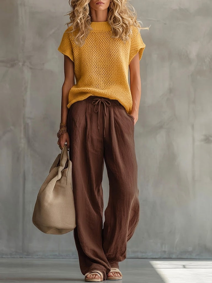 Knit Sweater and Linen Pants Set for Women – Two Piece Casual Outfit, Pullover Top and Cotton Linen Trousers