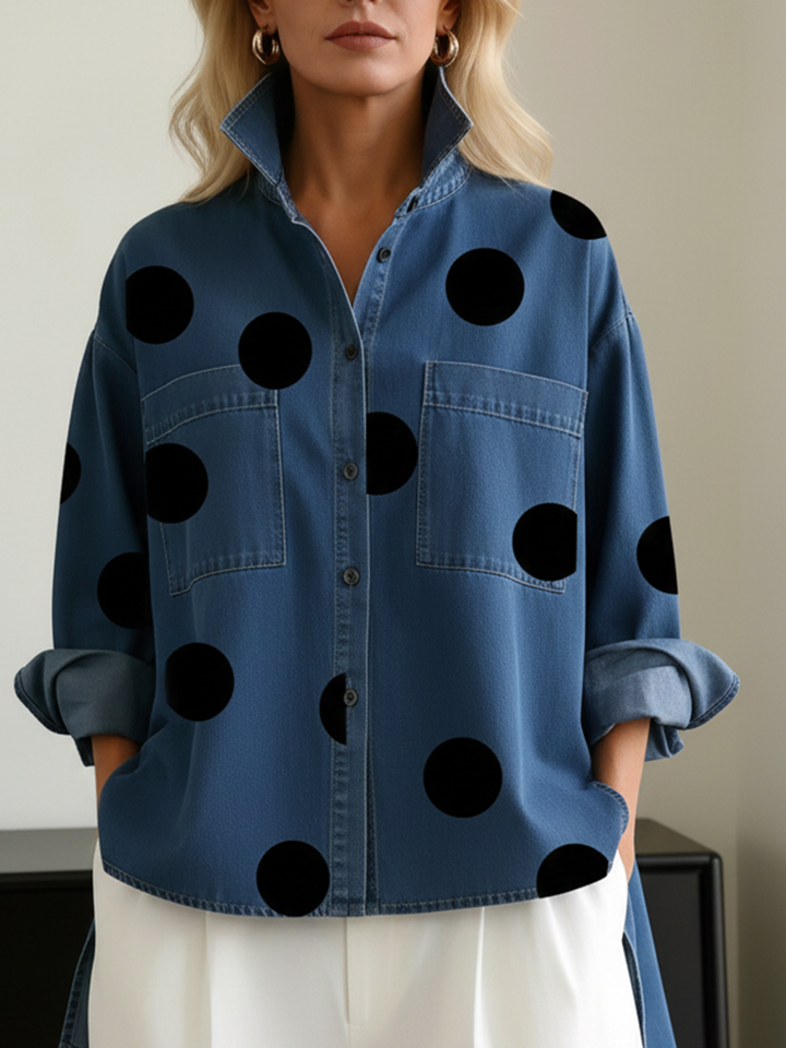 Polka Dot Denim Top for Women – Stand Collar Button Front Shirt, Artistic Print Blouse in 4 Colors