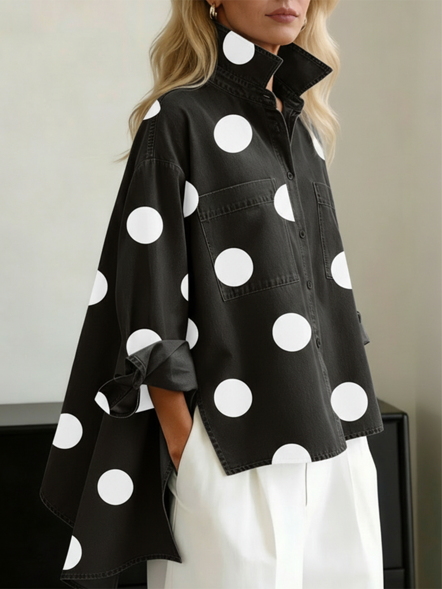 Polka Dot Denim Top for Women – Stand Collar Button Front Shirt, Artistic Print Blouse in 4 Colors