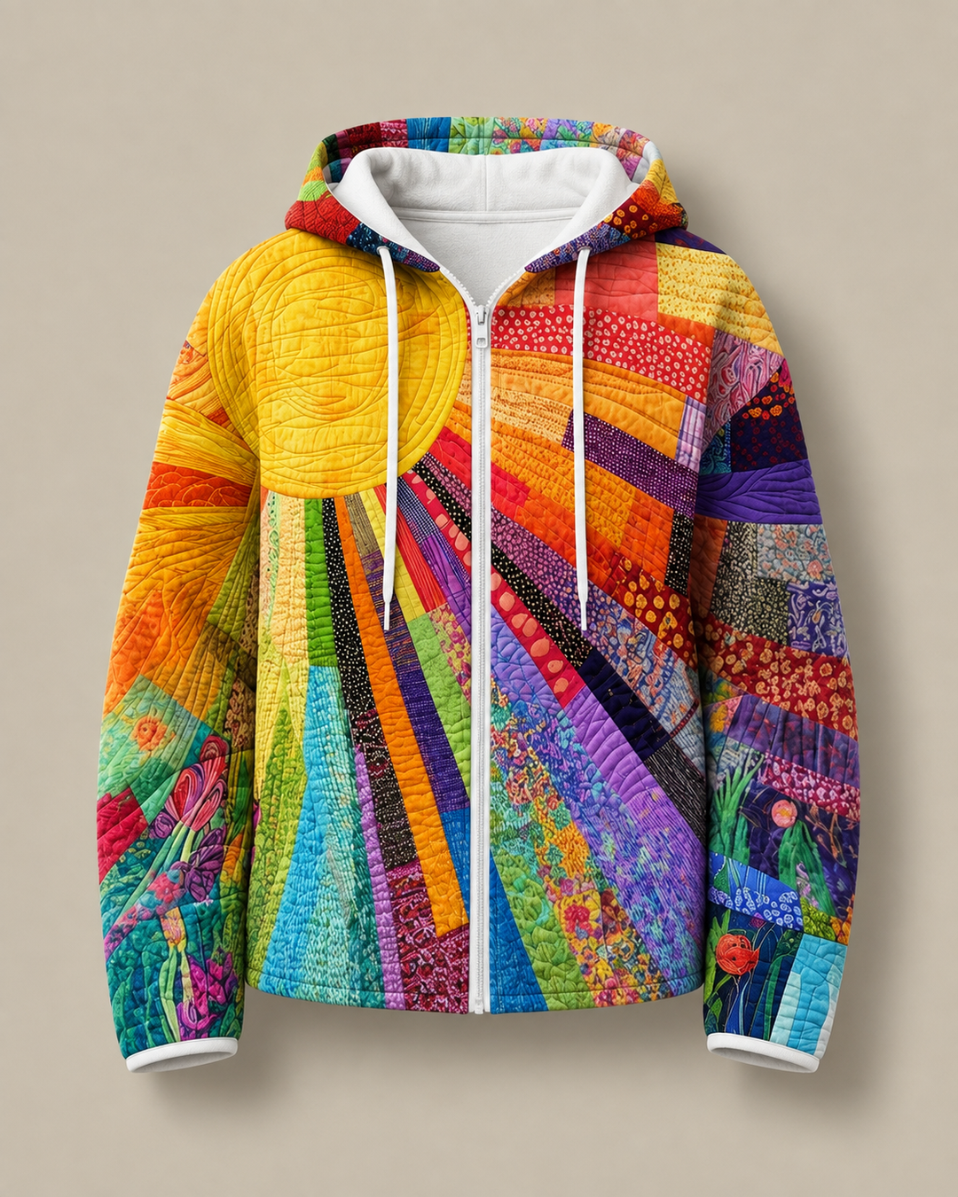 Quilted zip up hoodie with sunburst print