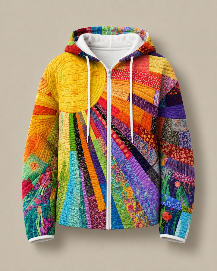 Quilted zip up hoodie with sunburst print