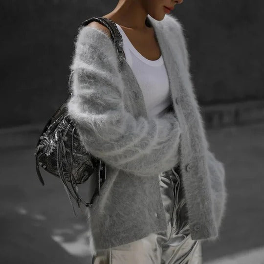 Comfortable Fuzzy Knit Cardigan for Women with V Neck Long Sleeve Button Front Oversized Style