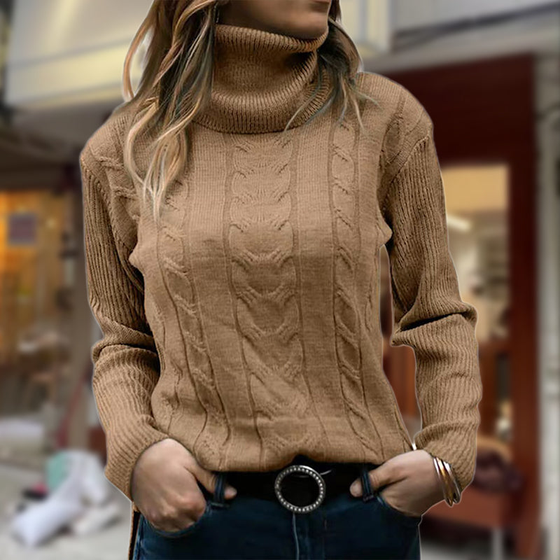 Comfortable Cable Knit Sweatshirt for Women with Turtleneck Long Sleeve Ribbed Fitted Style