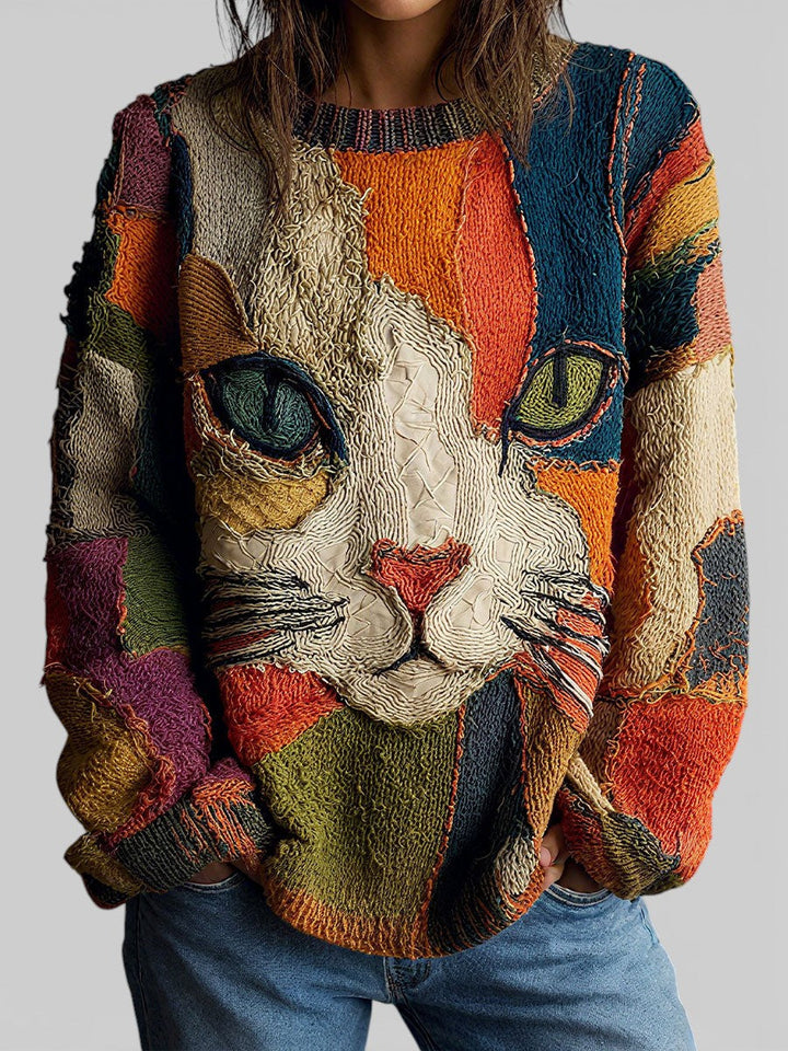 Cat Print Top for Women – Artistic Colorful Statement Blouse, Casual Novelty Shirt for Cat Lovers