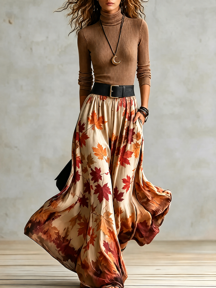 Cozy Ribbed Knit Two Piece Set for Women with Turtleneck Top Maple Leaf Print High Waist Maxi Skirt Fall Style