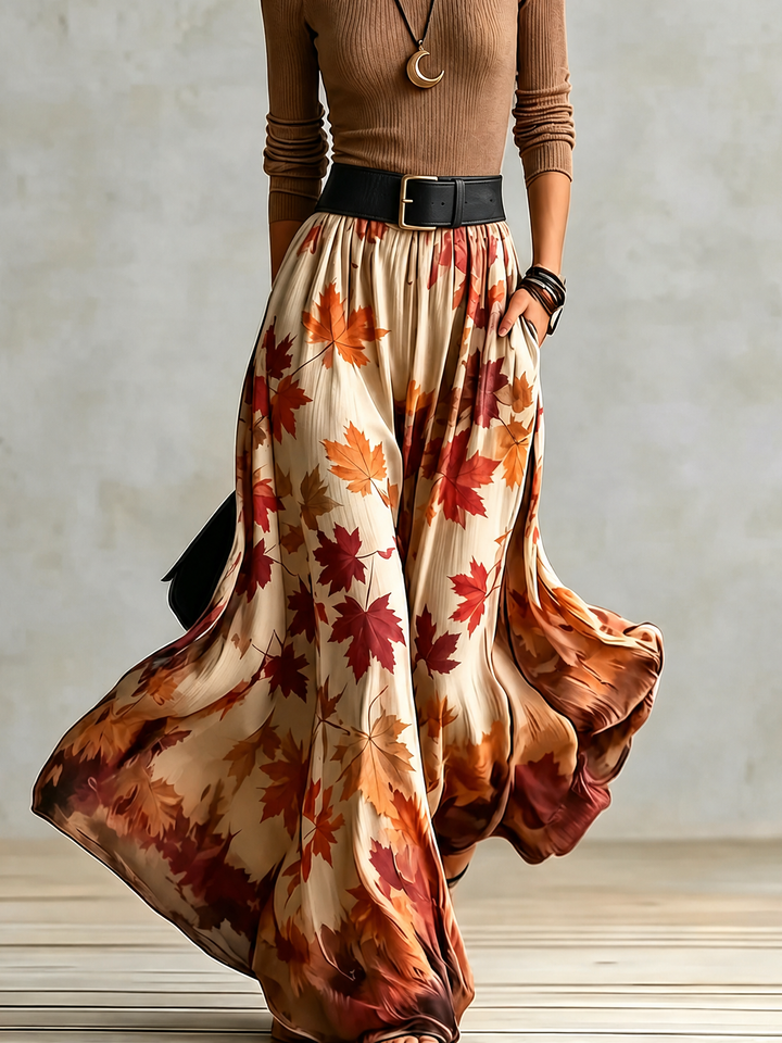 Cozy Ribbed Knit Two Piece Set for Women with Turtleneck Top Maple Leaf Print High Waist Maxi Skirt Fall Style