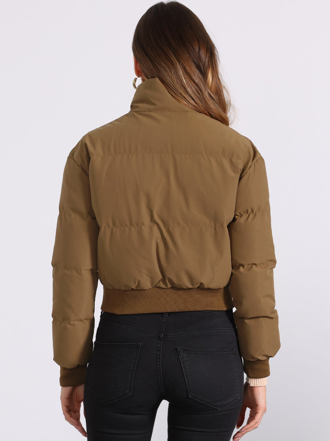 Effortless Bomber Jacket for Women with Zip Front Stand Collar Padded Cropped Style