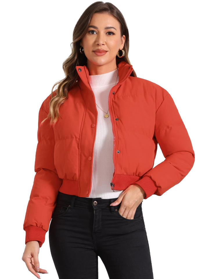 Effortless Bomber Jacket for Women with Zip Front Stand Collar Padded Cropped Style
