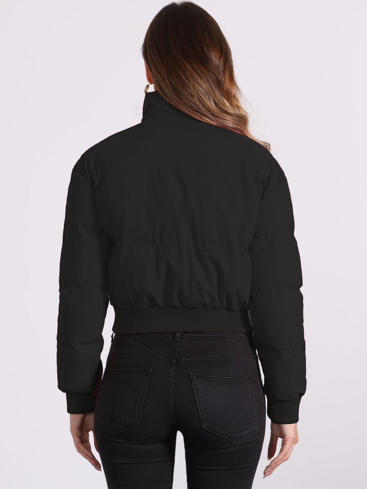 Effortless Bomber Jacket for Women with Zip Front Stand Collar Padded Cropped Style