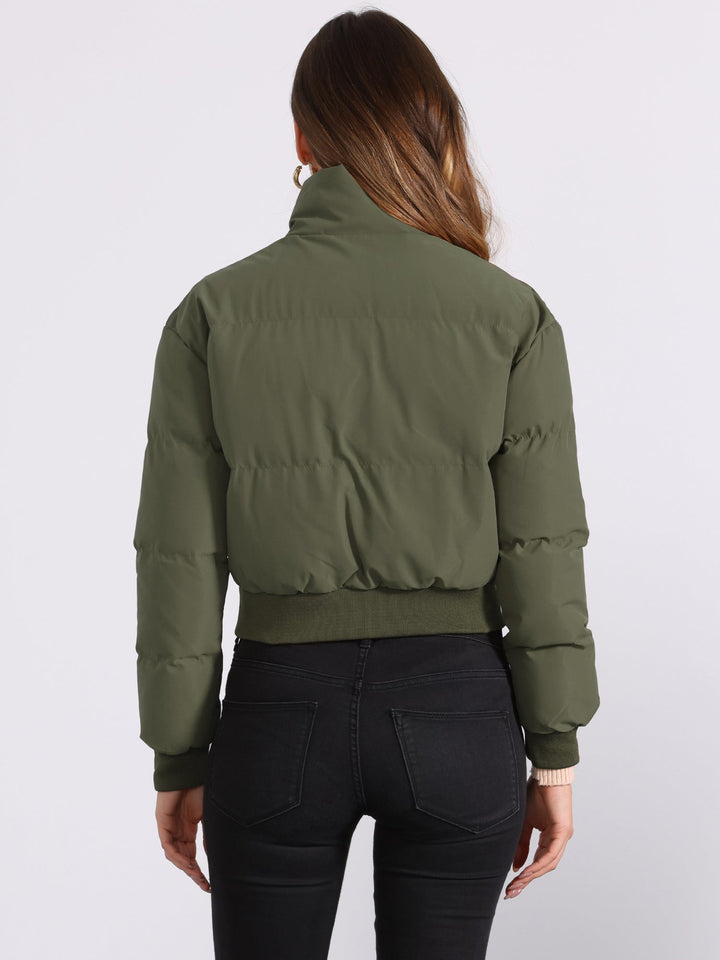 Effortless Bomber Jacket for Women with Zip Front Stand Collar Padded Cropped Style