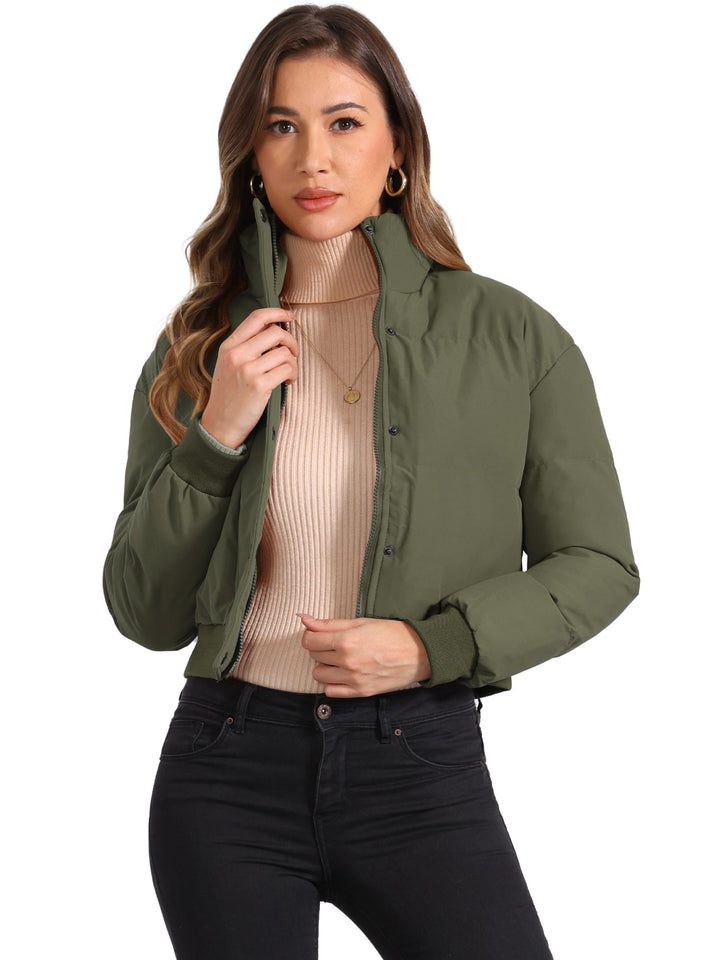 Effortless Bomber Jacket for Women with Zip Front Stand Collar Padded Cropped Style