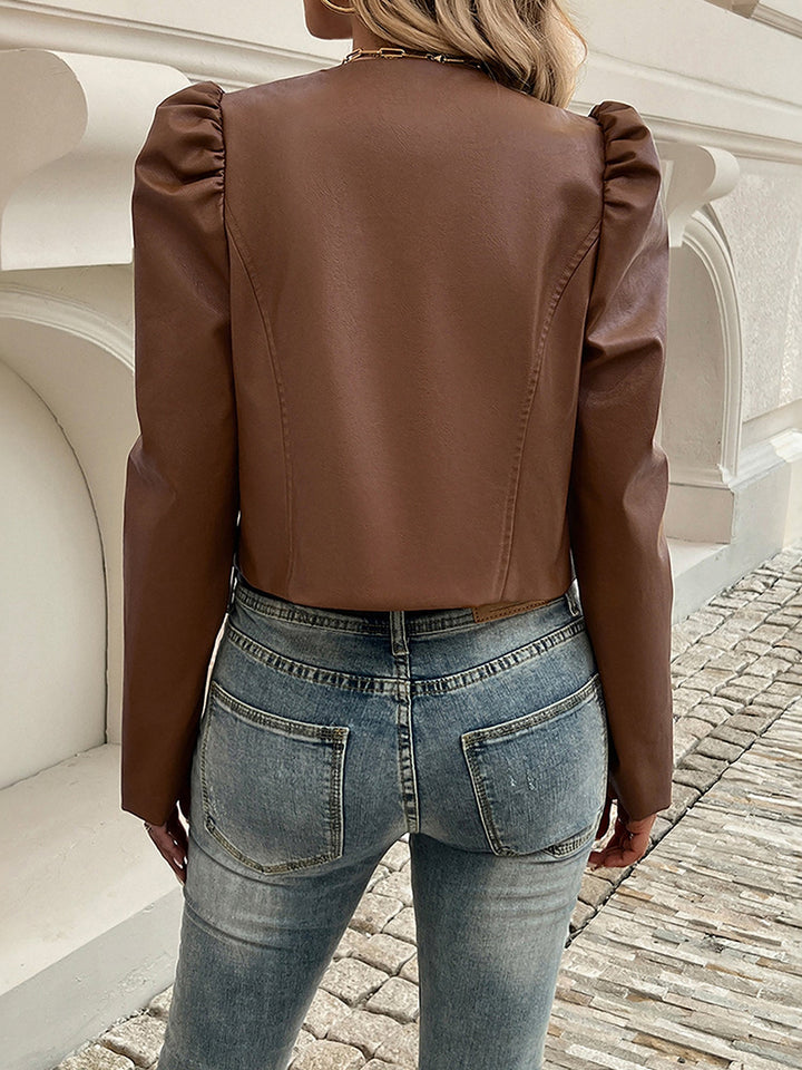 Effortless Leather Jacket for Women with Puff Sleeve Open Front Cropped Style
