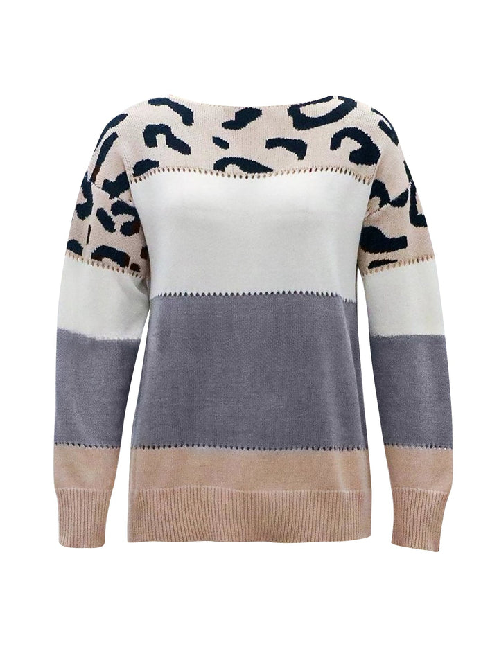 Effortless Sweatshirt for Women with Leopard Print Color Block Crewneck Knit Style