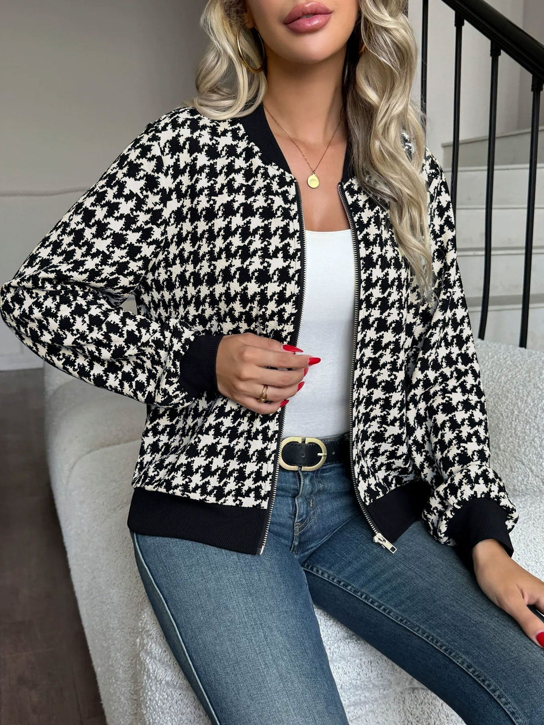 Effortless Black Bomber Jacket for Women with Zip Front Houndstooth Ribbed Trim Style