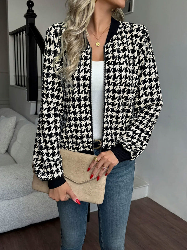 Effortless Black Bomber Jacket for Women with Zip Front Houndstooth Ribbed Trim Style