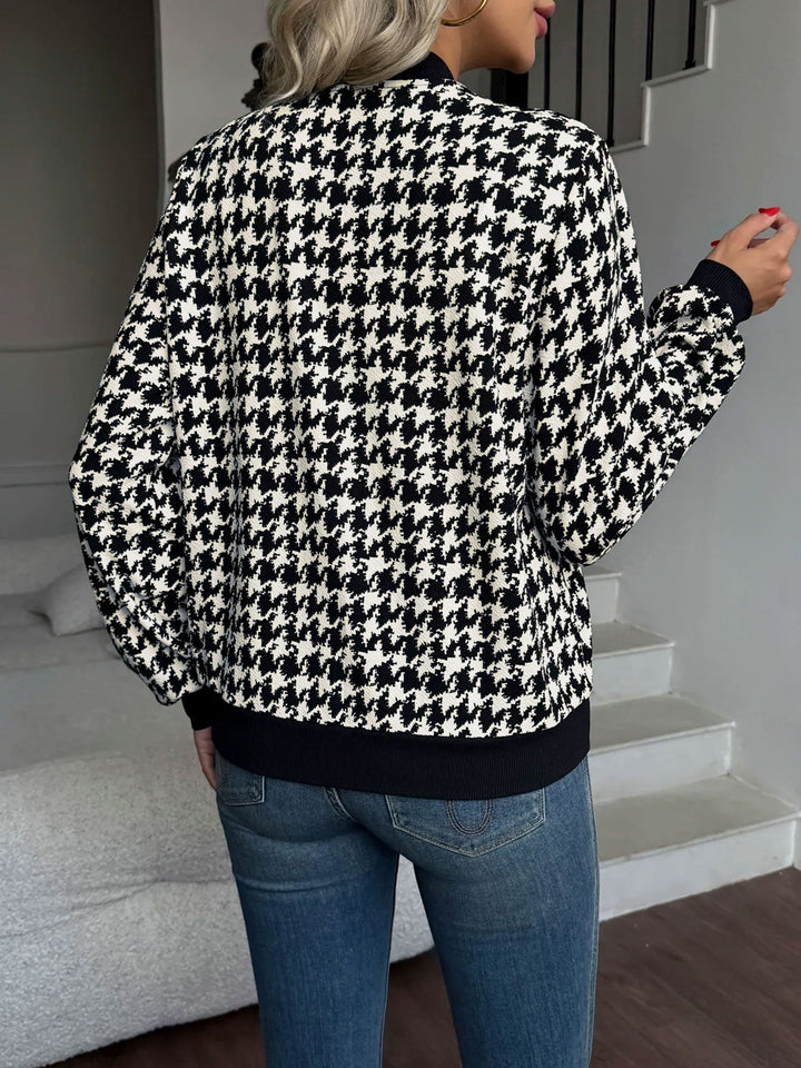 Effortless Black Bomber Jacket for Women with Zip Front Houndstooth Ribbed Trim Style