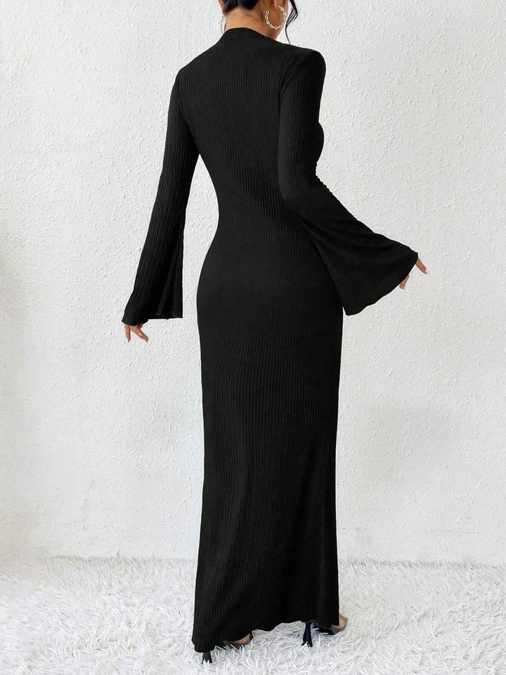 Elegant Black Tie Dress for Women with Mock Neck Long Sleeve Bodycon Maxi