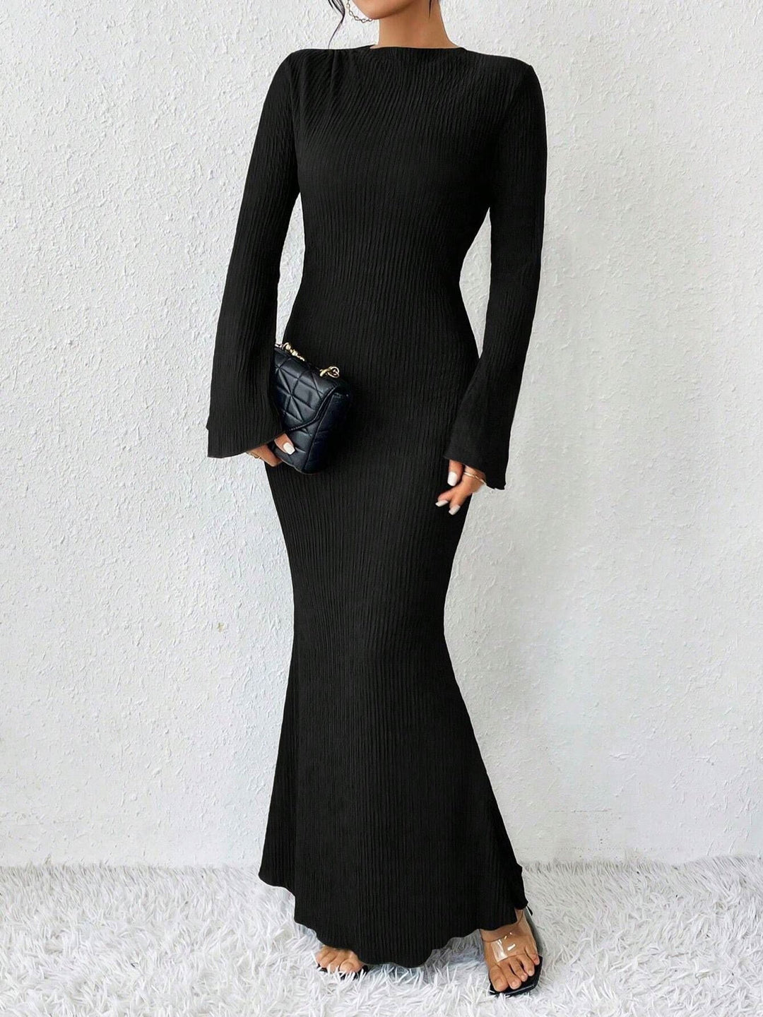 Elegant Black Tie Dress for Women with Mock Neck Long Sleeve Bodycon Maxi