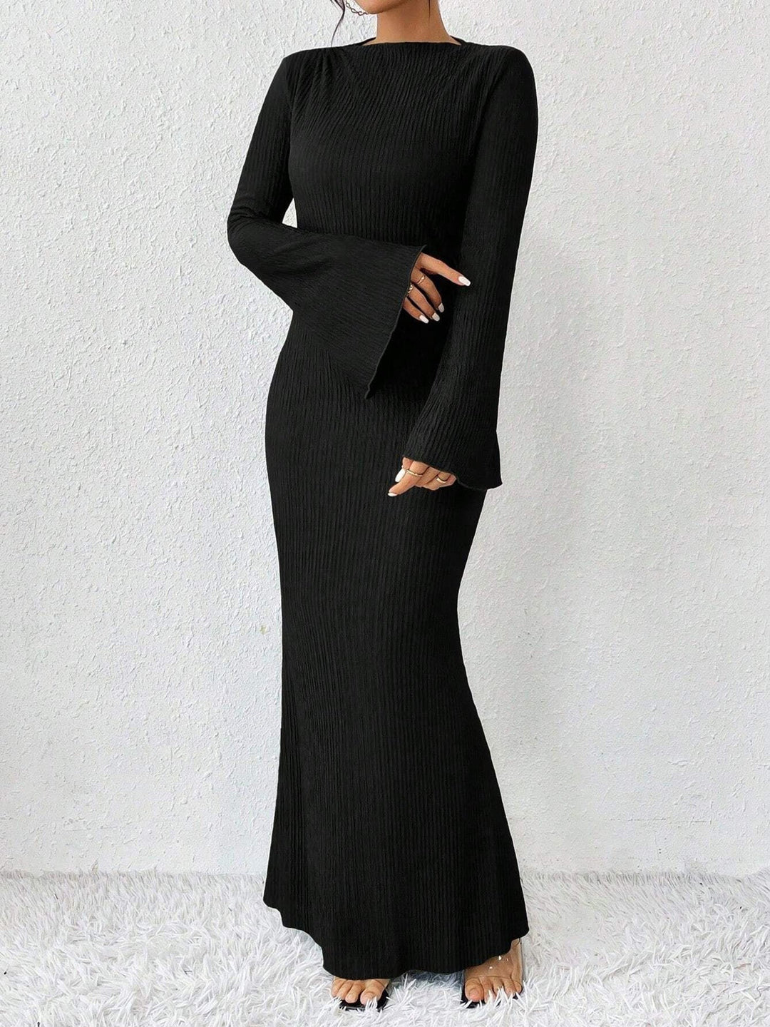 Elegant Black Tie Dress for Women with Mock Neck Long Sleeve Bodycon Maxi