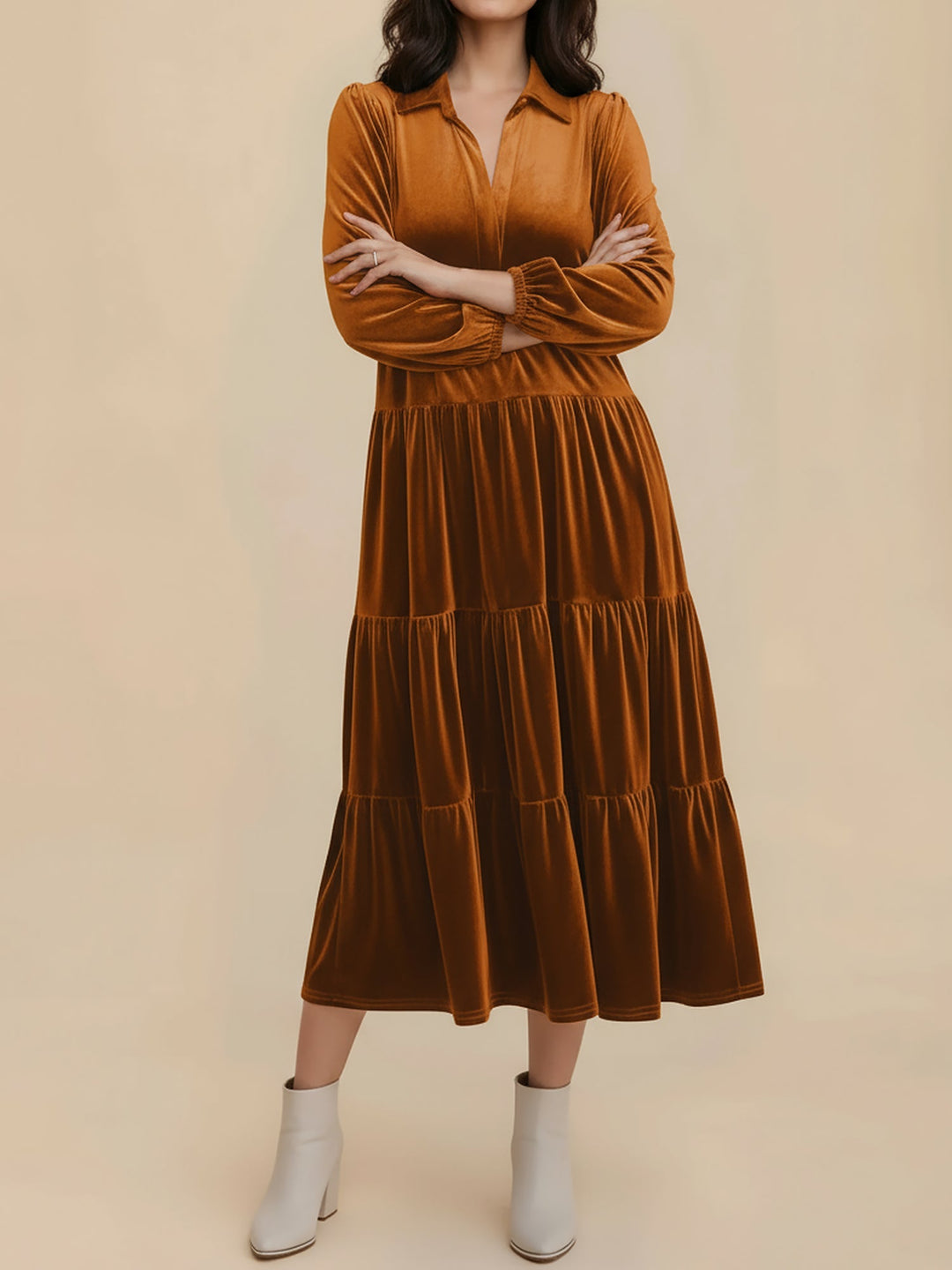 Elegant Velvet Midi Dress for Women with Collar Long Sleeve Tiered Flowing Fall Wedding Guest Style