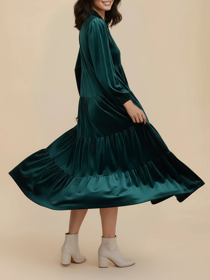 Elegant Velvet Midi Dress for Women with Collar Long Sleeve Tiered Flowing Fall Wedding Guest Style