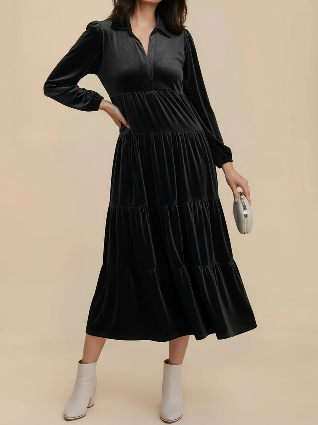 Elegant Velvet Midi Dress for Women with Collar Long Sleeve Tiered Flowing Fall Wedding Guest Style