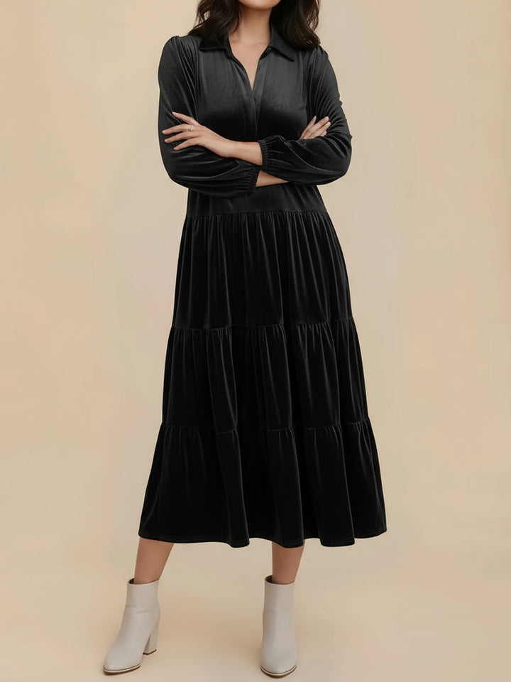 Elegant Velvet Midi Dress for Women with Collar Long Sleeve Tiered Flowing Fall Wedding Guest Style