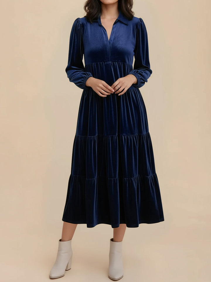 Elegant Velvet Midi Dress for Women with Collar Long Sleeve Tiered Flowing Fall Wedding Guest Style