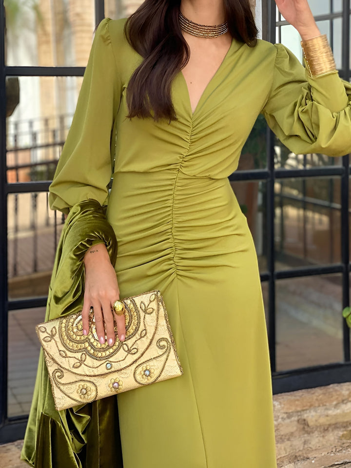 Elegant Maxi Dress for Women with V Neck Long Sleeve Ruched High Low Fall Wedding Guest Style