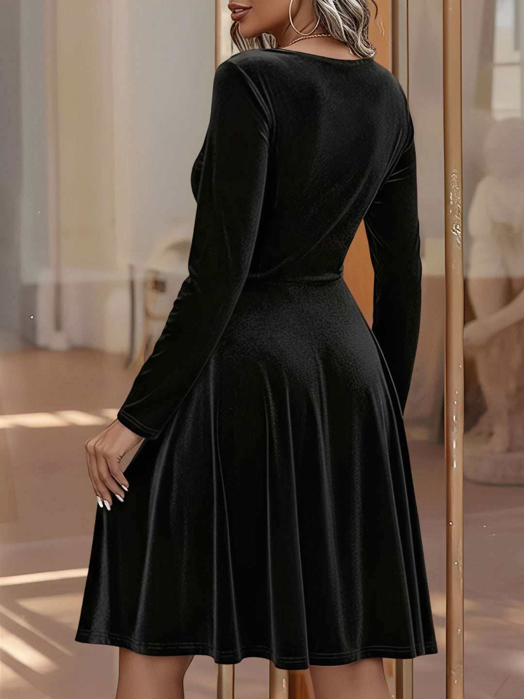 Elegant Black Tie Dress for Women with Round Neck Long Sleeve Flared A Line Autumn Wedding Guest Style